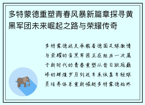多特蒙德重塑青春风暴新篇章探寻黄黑军团未来崛起之路与荣耀传奇